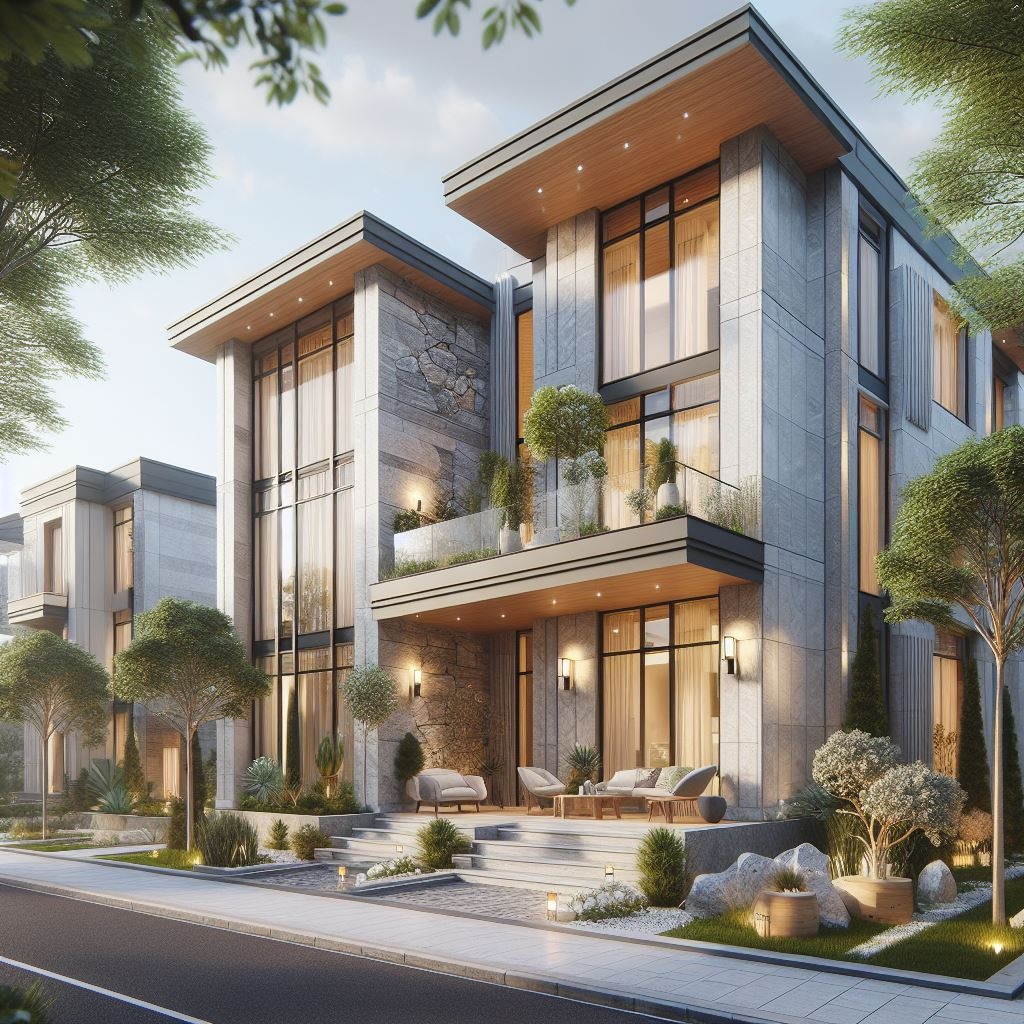 Ekologiczny spiek kwarcowy na elewacji domu.